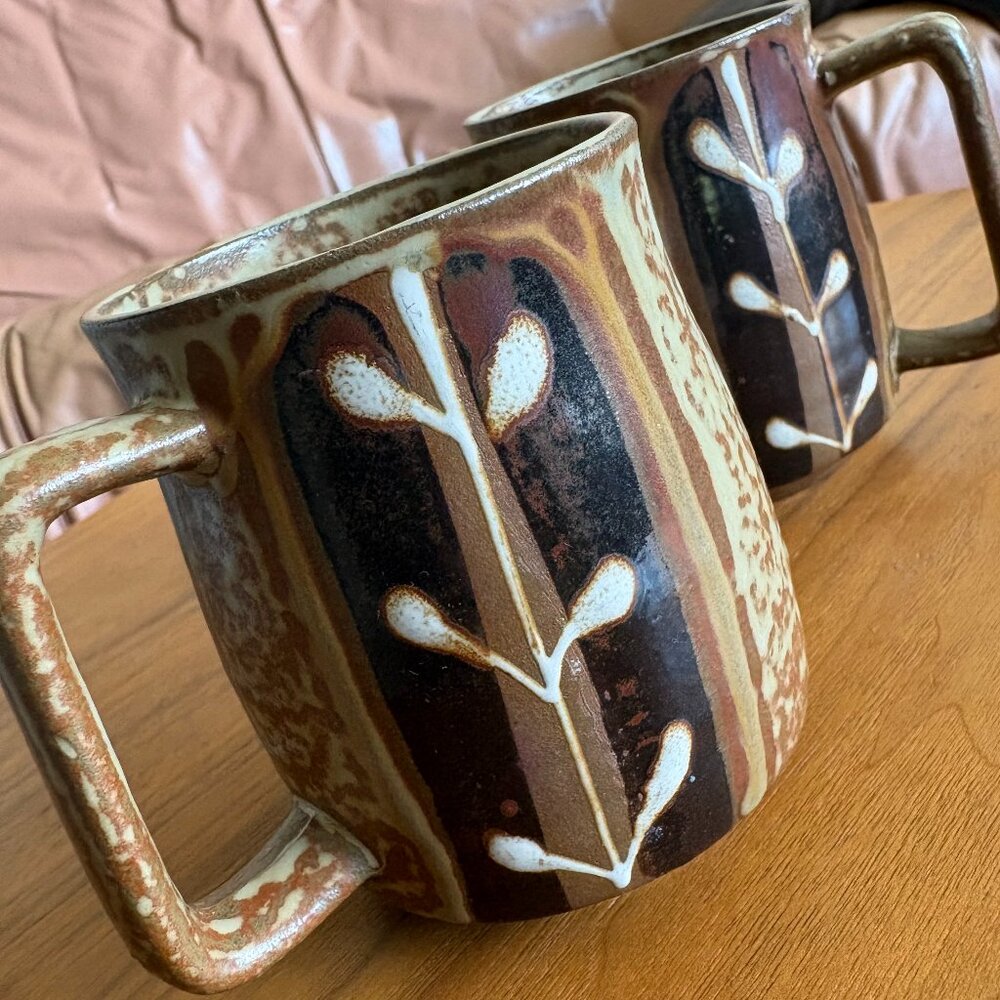 Vintage Pair of Brown Pottery Mugs with Vines Motif